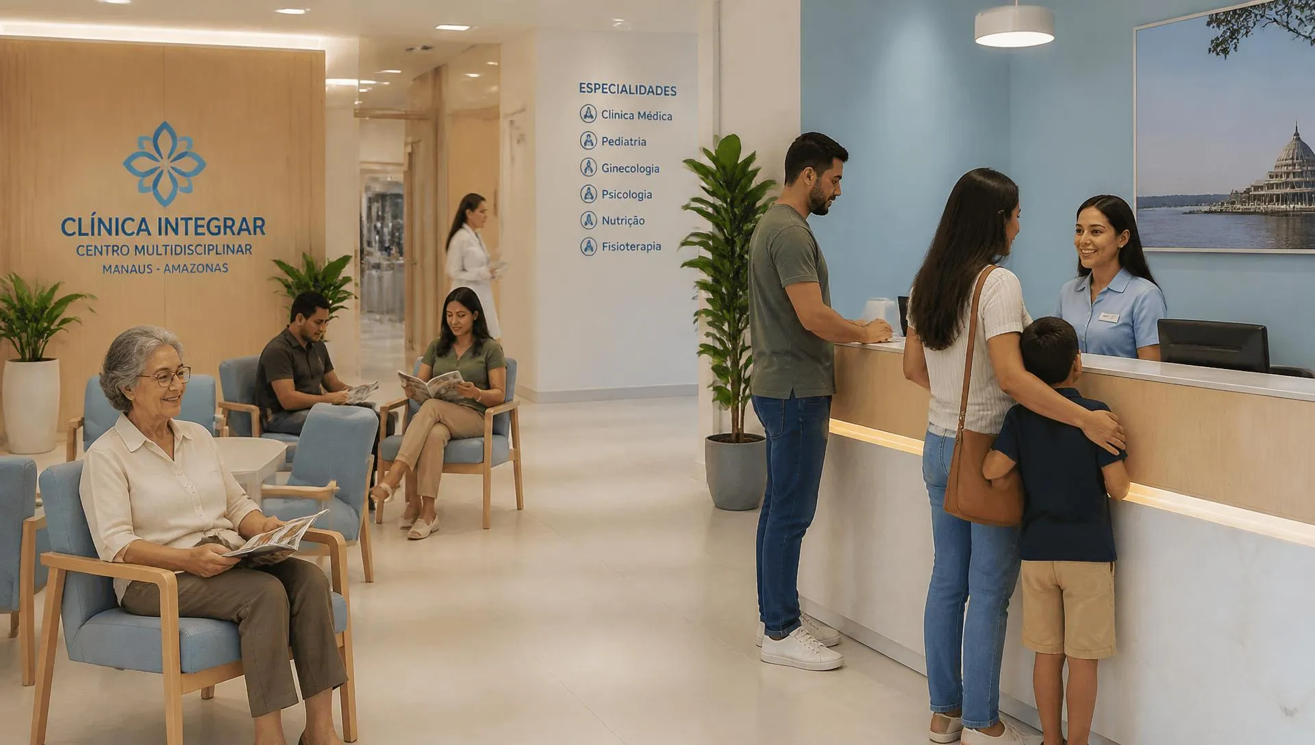 Pacientes sendo atendidos na recepção da clínica